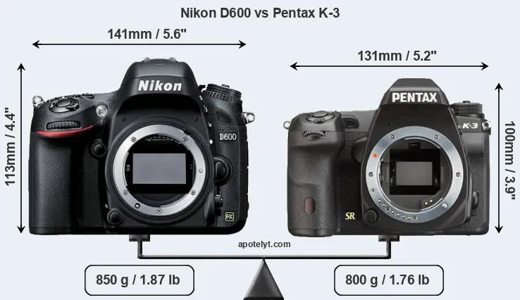 Size Nikon D600 vs Pentax K-3