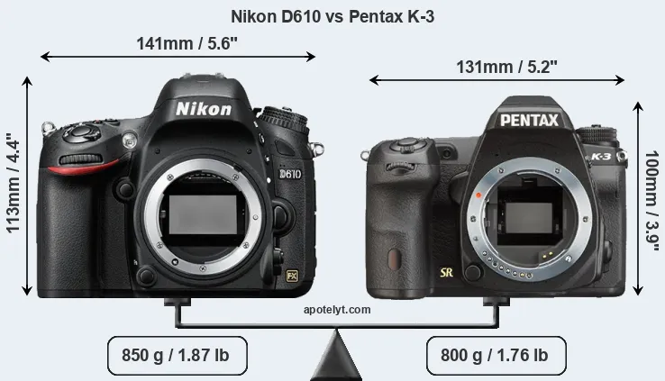 Size Nikon D610 vs Pentax K-3
