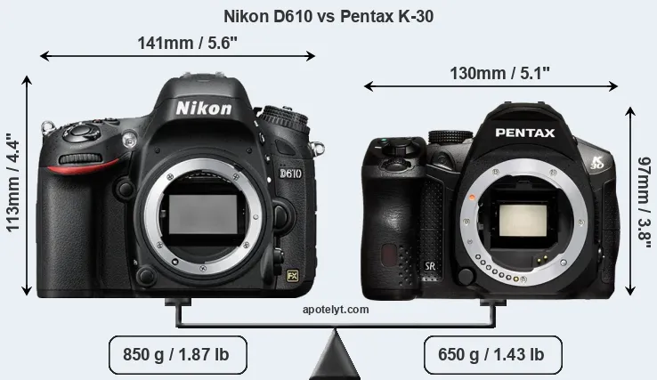 Size Nikon D610 vs Pentax K-30