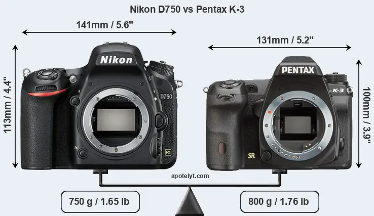 Size Nikon D750 vs Pentax K-3