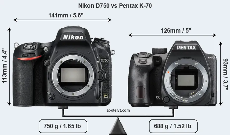 Size Nikon D750 vs Pentax K-70