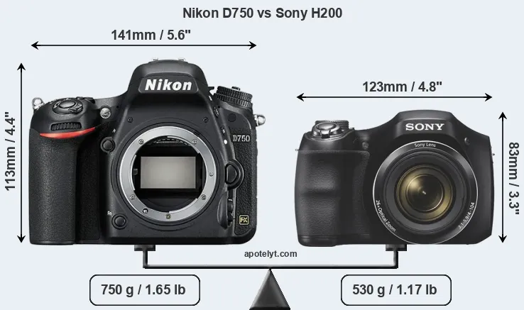 Size Nikon D750 vs Sony H200