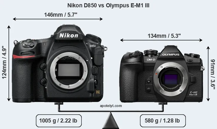 Size Nikon D850 vs Olympus E-M1 III