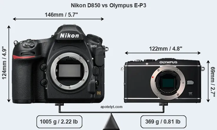 Size Nikon D850 vs Olympus E-P3
