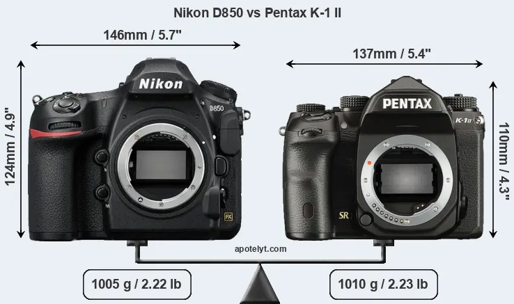 Size Nikon D850 vs Pentax K-1 II