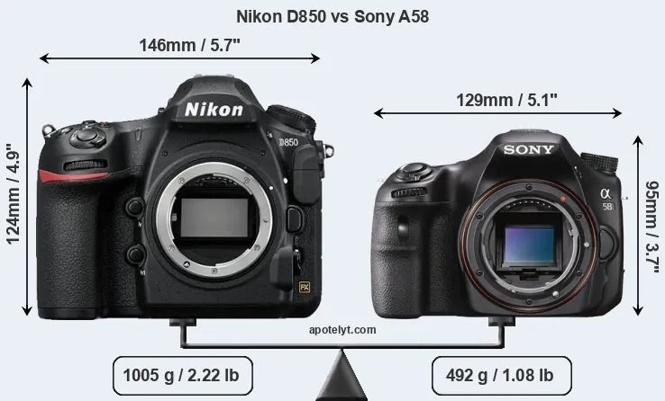 Size Nikon D850 vs Sony A58