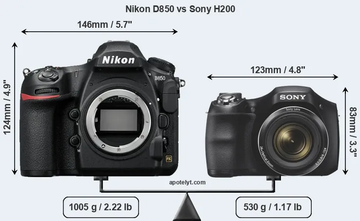 Size Nikon D850 vs Sony H200