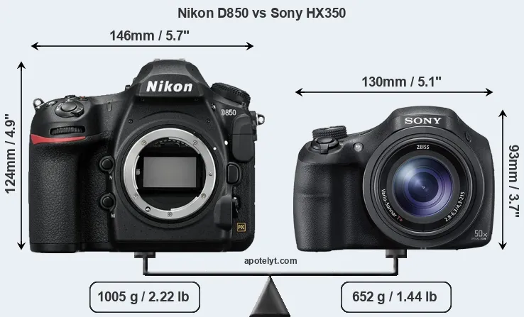 Size Nikon D850 vs Sony HX350