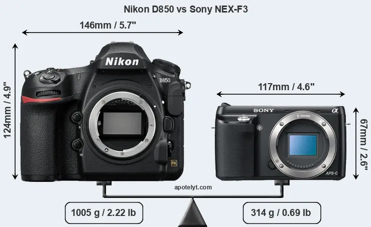 Size Nikon D850 vs Sony NEX-F3