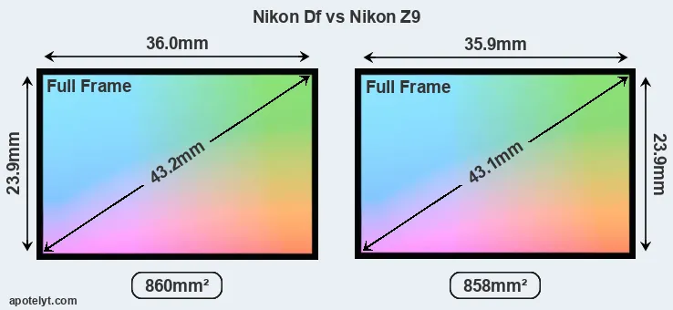 Nikon Df and Nikon Z9 sensor measures