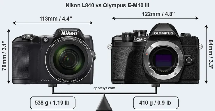 Size Nikon L840 vs Olympus E-M10 III