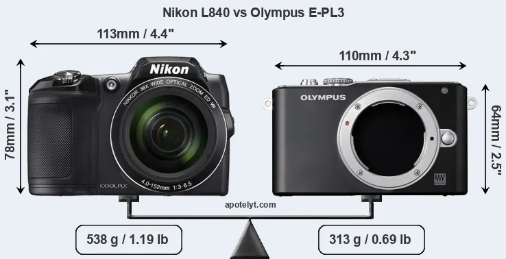 Size Nikon L840 vs Olympus E-PL3