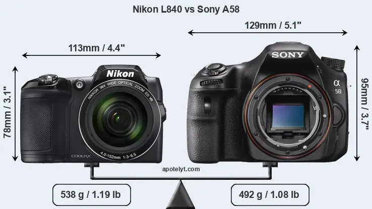 Size Nikon L840 vs Sony A58