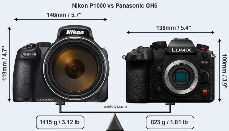 Size Nikon P1000 vs Panasonic GH6