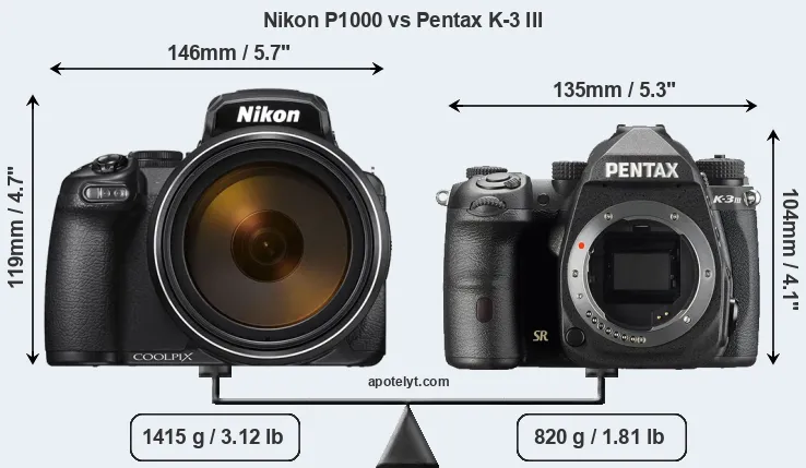 Size Nikon P1000 vs Pentax K-3 III