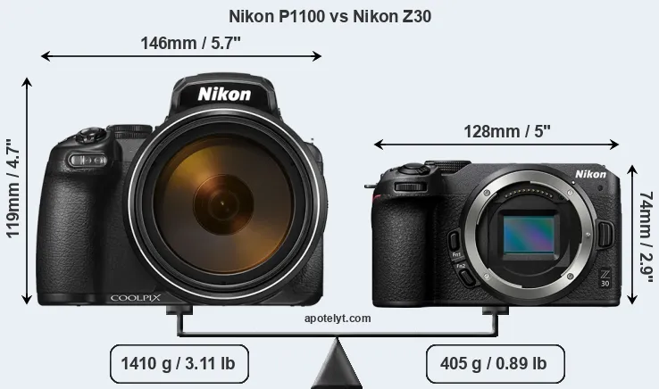 Size Nikon P1100 vs Nikon Z30