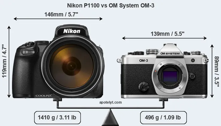Size Nikon P1100 vs OM System OM-3