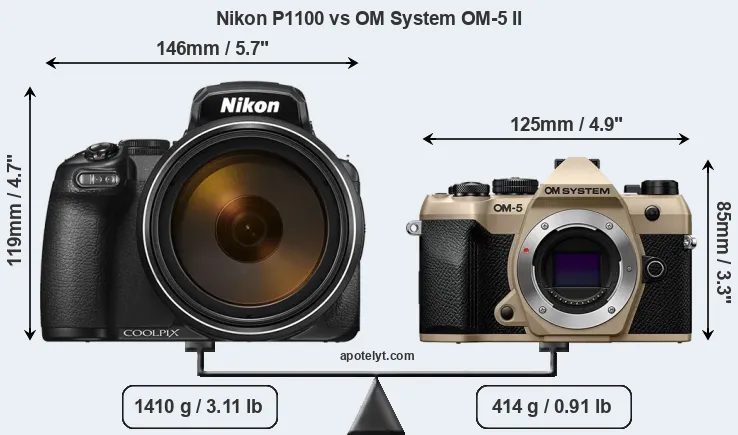 Size Nikon P1100 vs OM System OM-5 II