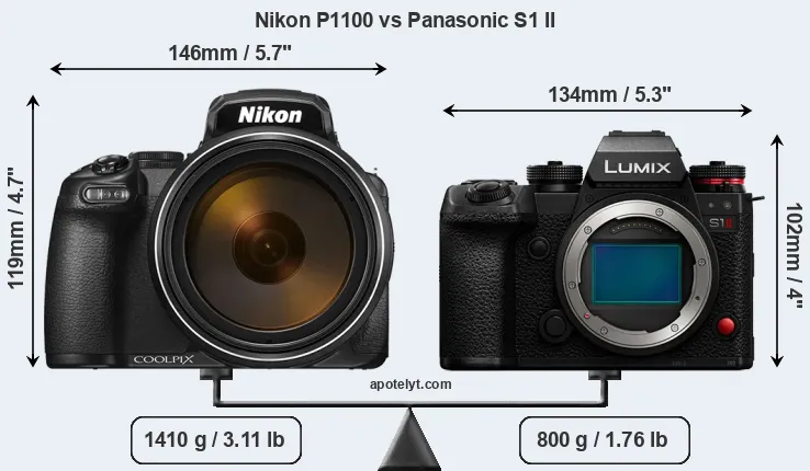 Size Nikon P1100 vs Panasonic S1 II