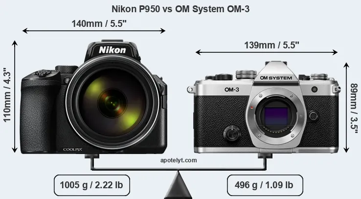 Size Nikon P950 vs OM System OM-3