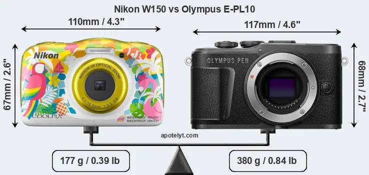 Size Nikon W150 vs Olympus E-PL10