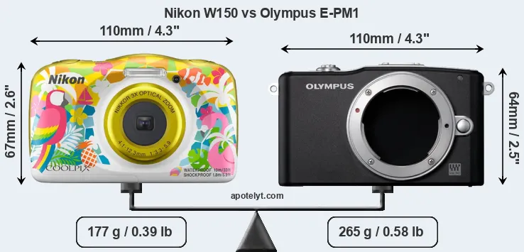 Size Nikon W150 vs Olympus E-PM1