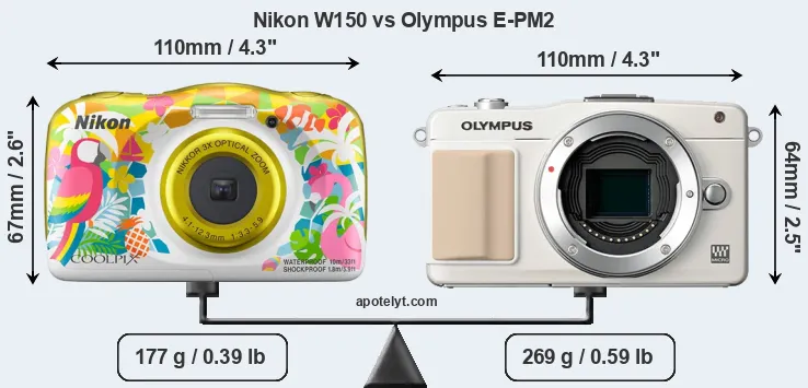 Size Nikon W150 vs Olympus E-PM2