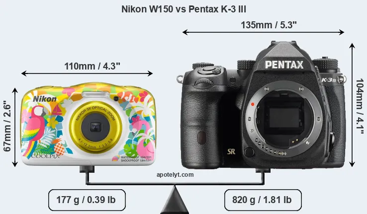 Size Nikon W150 vs Pentax K-3 III