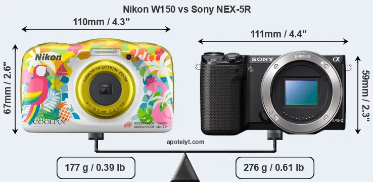Size Nikon W150 vs Sony NEX-5R