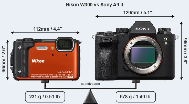 Size Nikon W300 vs Sony A9 II