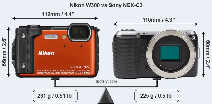 Size Nikon W300 vs Sony NEX-C3