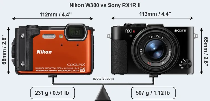 Size Nikon W300 vs Sony RX1R II