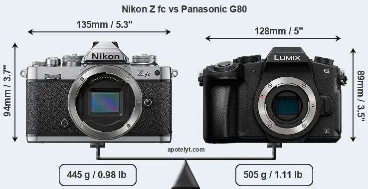 Size Nikon Z fc vs Panasonic G80