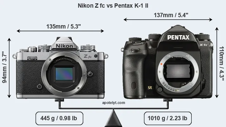 Size Nikon Z fc vs Pentax K-1 II