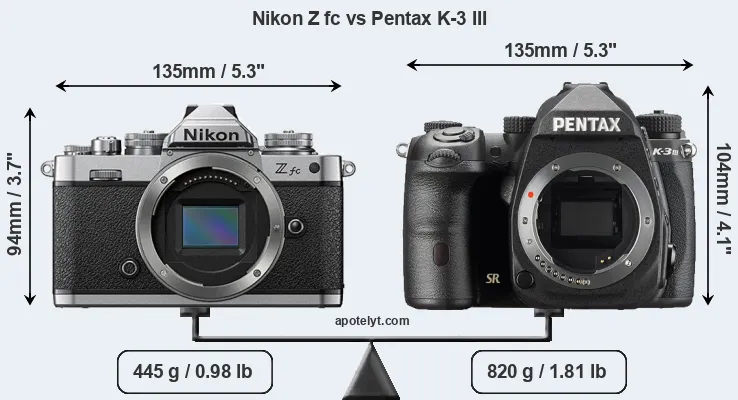 Size Nikon Z fc vs Pentax K-3 III