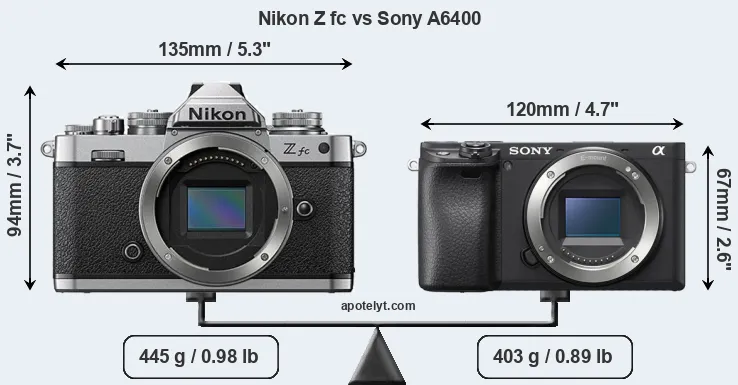 Size Nikon Z fc vs Sony A6400