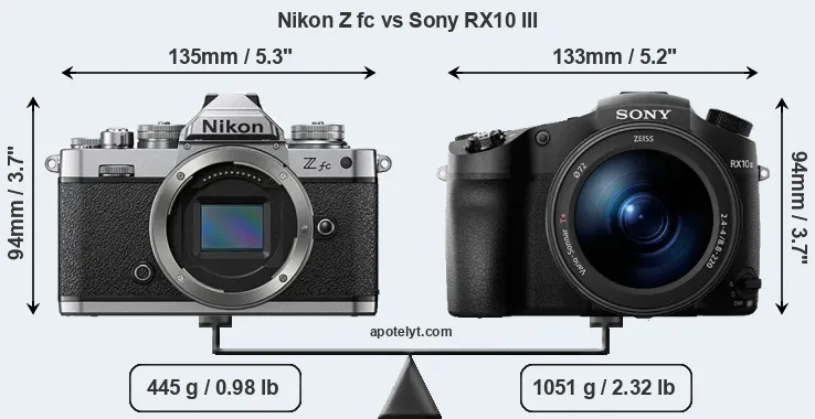 Size Nikon Z fc vs Sony RX10 III
