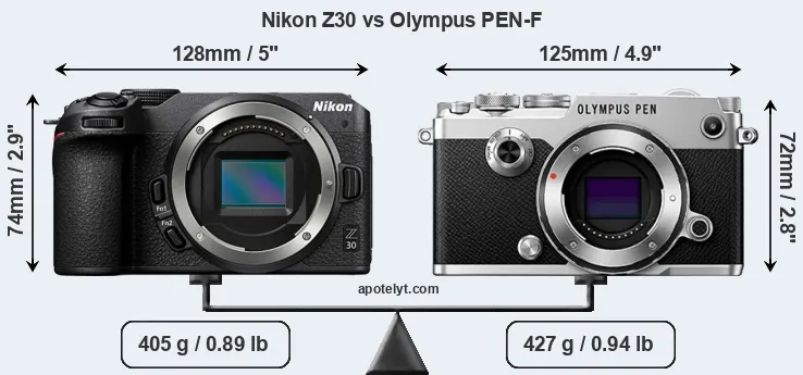 Size Nikon Z30 vs Olympus PEN-F