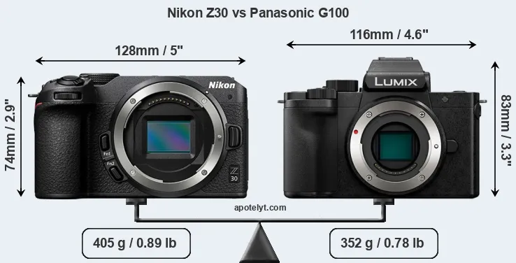 Size Nikon Z30 vs Panasonic G100