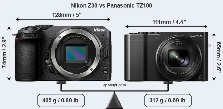 Size Nikon Z30 vs Panasonic TZ100