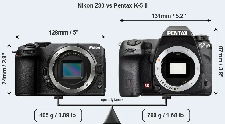 Size Nikon Z30 vs Pentax K-5 II