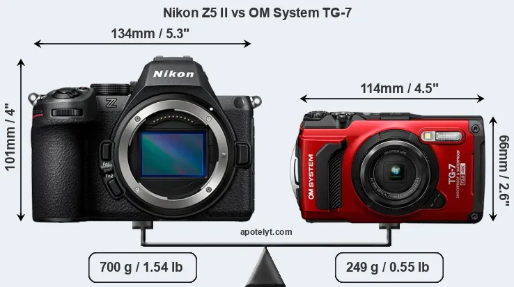 Size Nikon Z5 II vs OM System TG-7