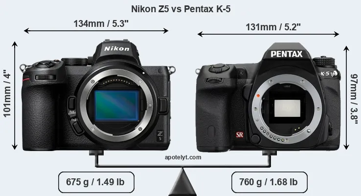 Size Nikon Z5 vs Pentax K-5