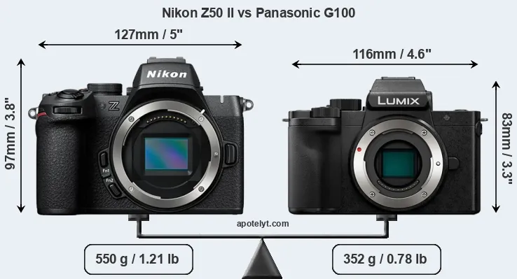 Size Nikon Z50 II vs Panasonic G100