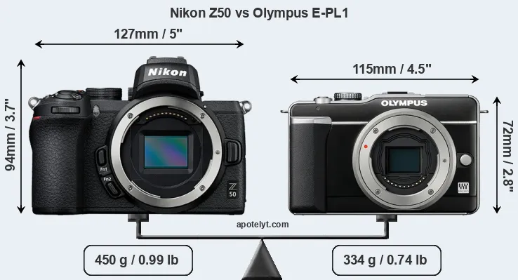 Size Nikon Z50 vs Olympus E-PL1