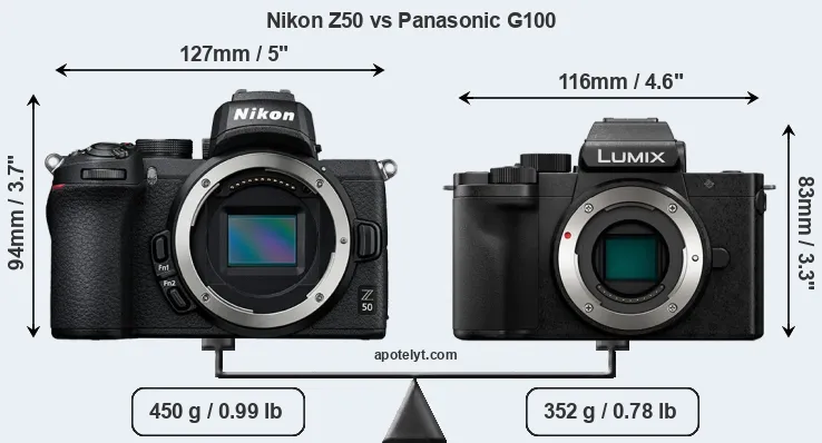 Size Nikon Z50 vs Panasonic G100