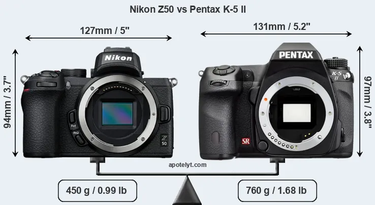 Size Nikon Z50 vs Pentax K-5 II