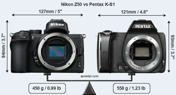 Size Nikon Z50 vs Pentax K-S1