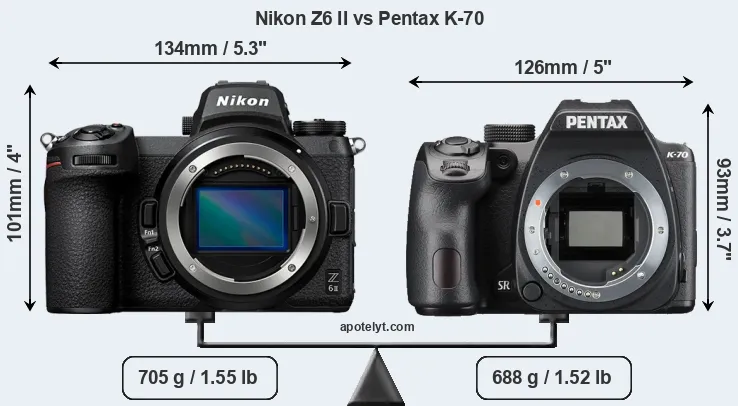 Size Nikon Z6 II vs Pentax K-70