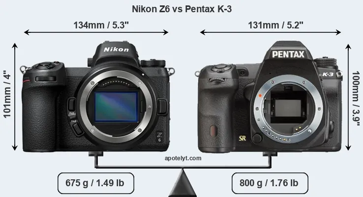 Size Nikon Z6 vs Pentax K-3